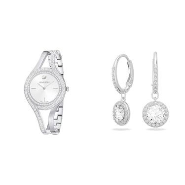Swarovski Eternal watch, metal bracelet, silver-colored, stainless steel & Angelic Drop earrings, round cut, white, rhodium-plated on sale